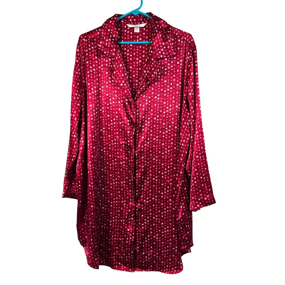 Cacique Sleep Shirt Womens 18/20 Red Pink Satin Hearts Romantic Feminine Luxe